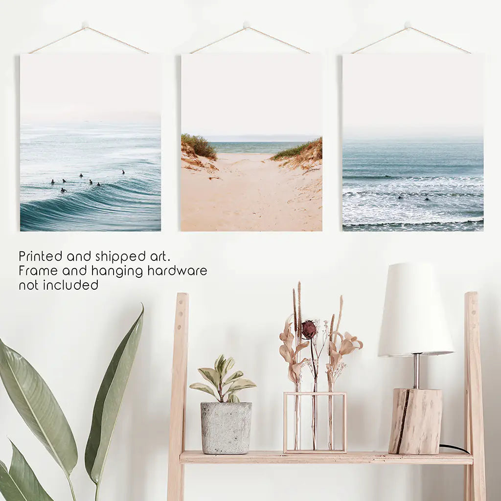 Modern Beach Wall Art Set of 3. Sandy Beach, Surfers
