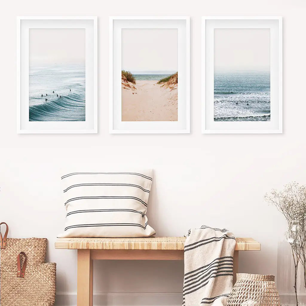 Modern Beach Wall Art Set of 3. Sandy Beach, Surfers