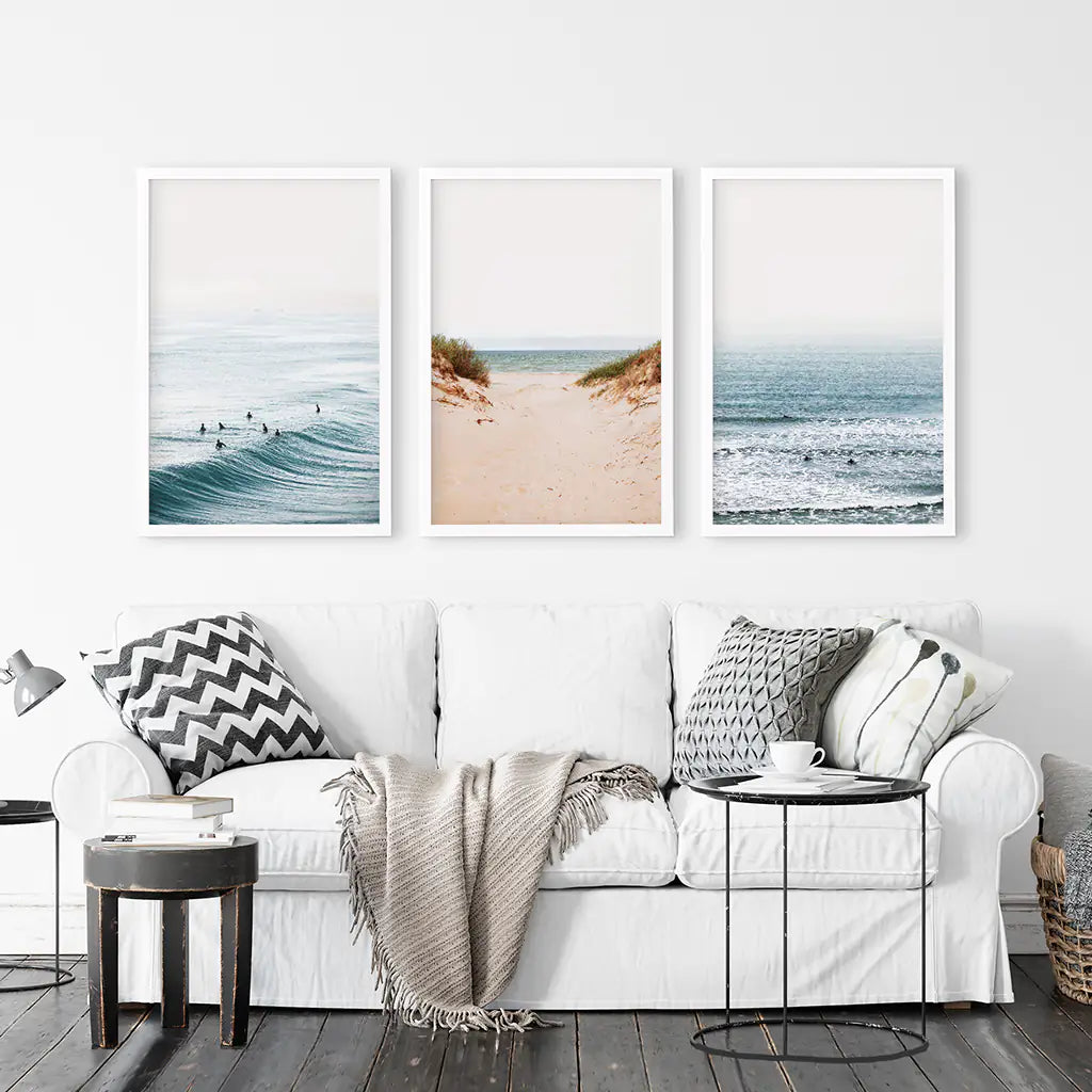 Modern Beach Wall Art Set of 3. Sandy Beach, Surfers