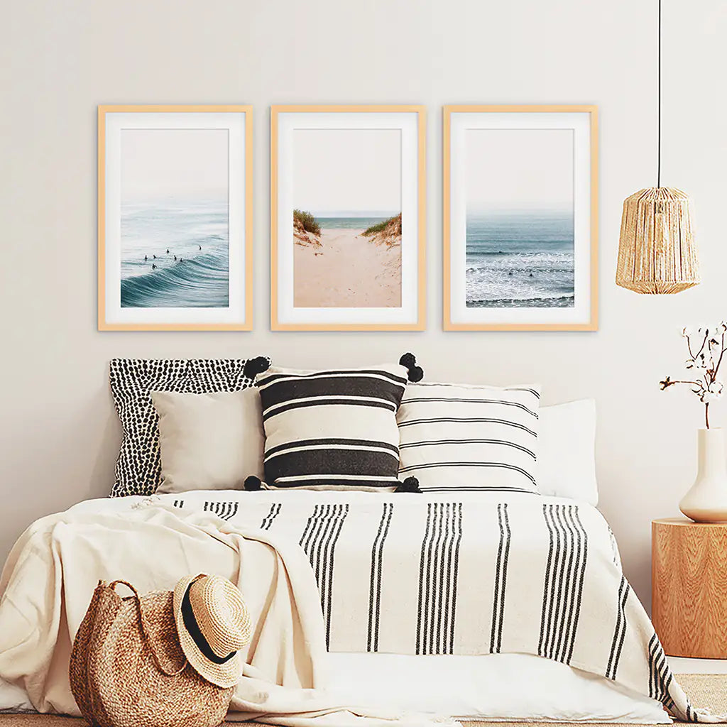 Modern Beach Wall Art Set of 3. Sandy Beach, Surfers