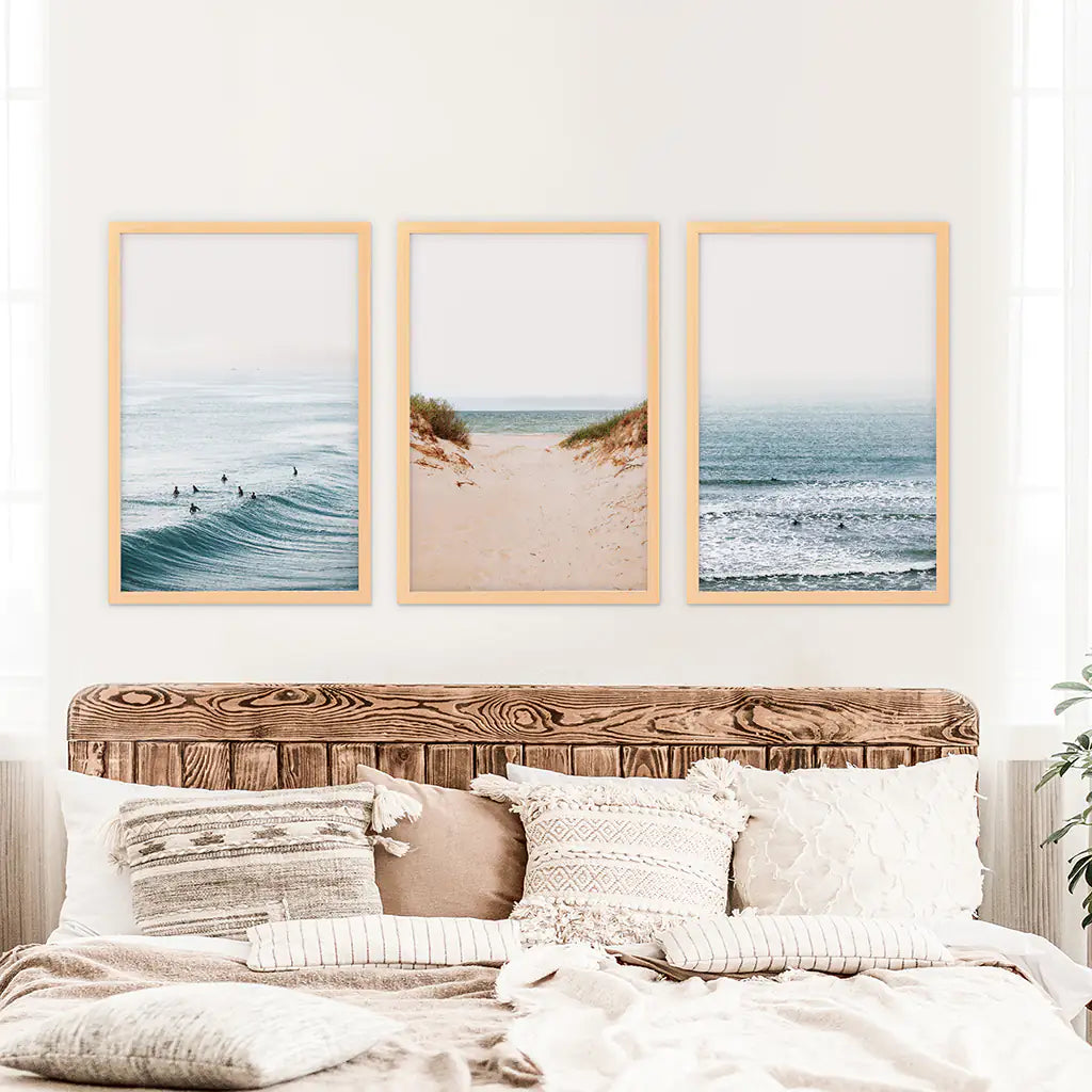 Modern Beach Wall Art Set of 3. Sandy Beach, Surfers