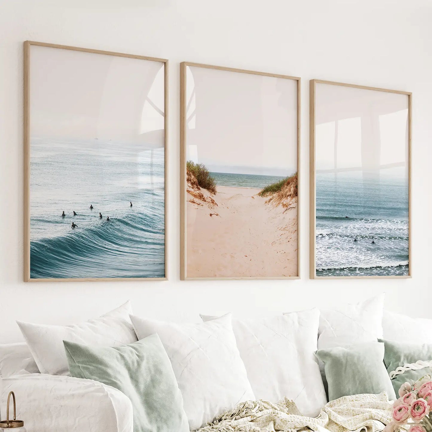 Set of 3 modern beach prints with surfers, ocean waves, and sandy shore