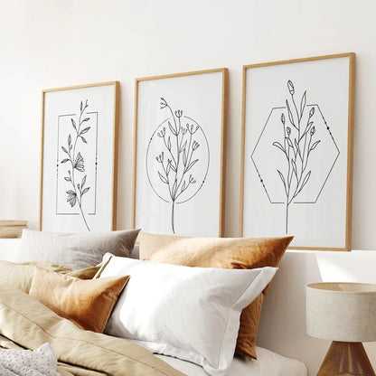 Minimal black and white flower line art wall art set of 3 prints
