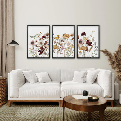 Brown Red Wildflower Wall Art Set of 3, Botanical Prints