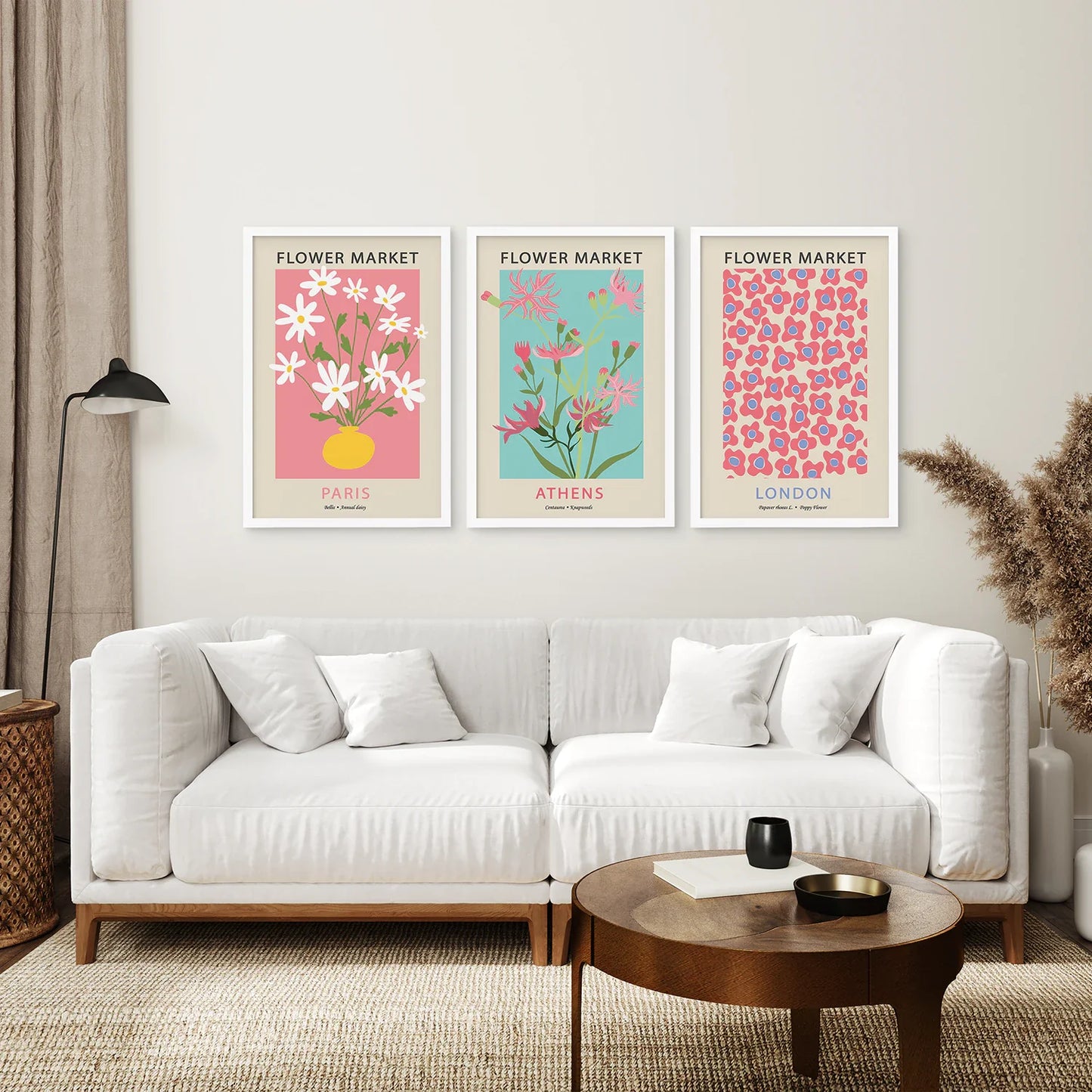 Flower Market Wall Art Set of 3, Pink and Blue Floral Prints