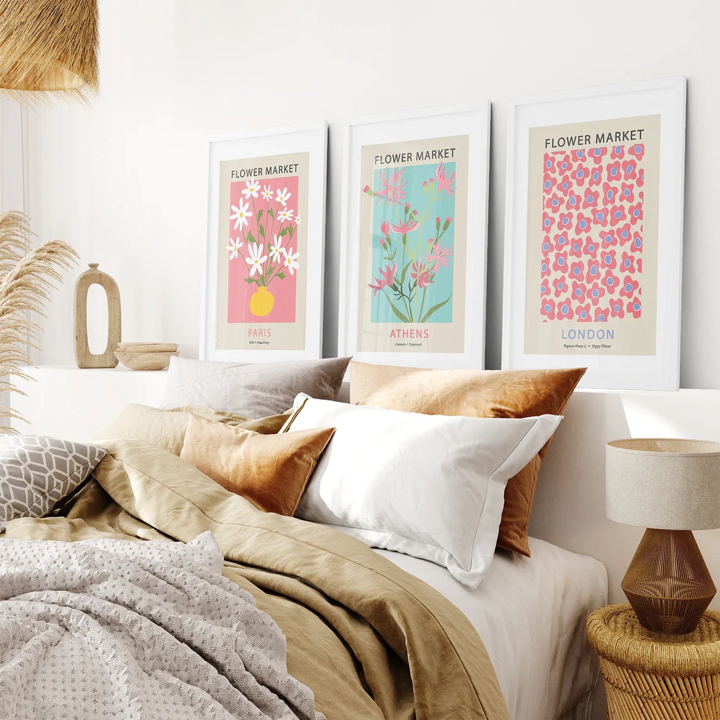 Flower Market Wall Art Set of 3, Pink and Blue Floral Prints