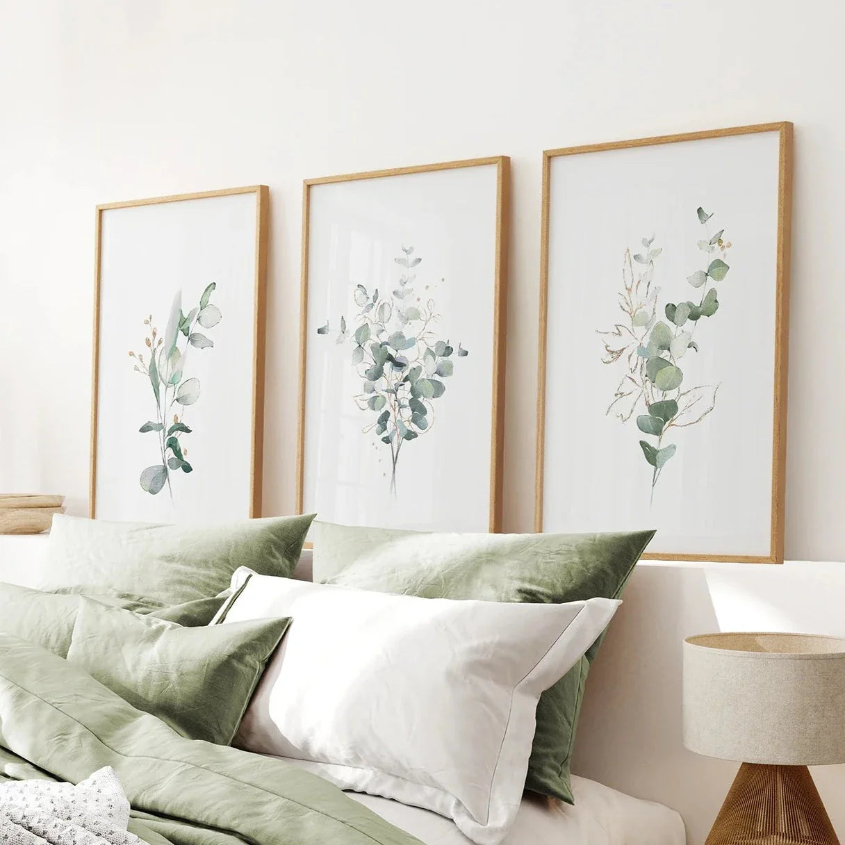 Gold and green watercolor eucalyptus botanical wall art set of 3 prints
