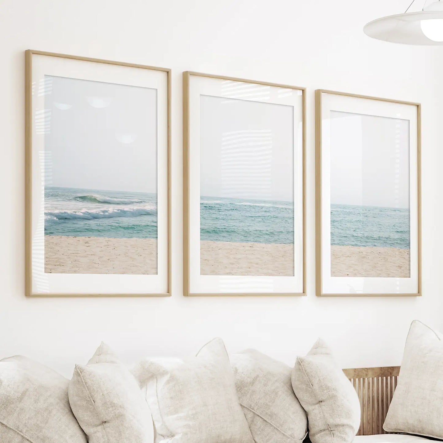 Minimalist Seashore Wall Art Set of 3. Beige Blue Waves