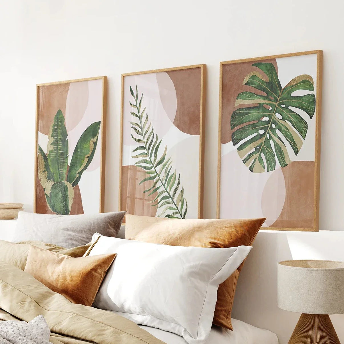 Terracotta boho wall art set of 3 prints with green tropical leaves