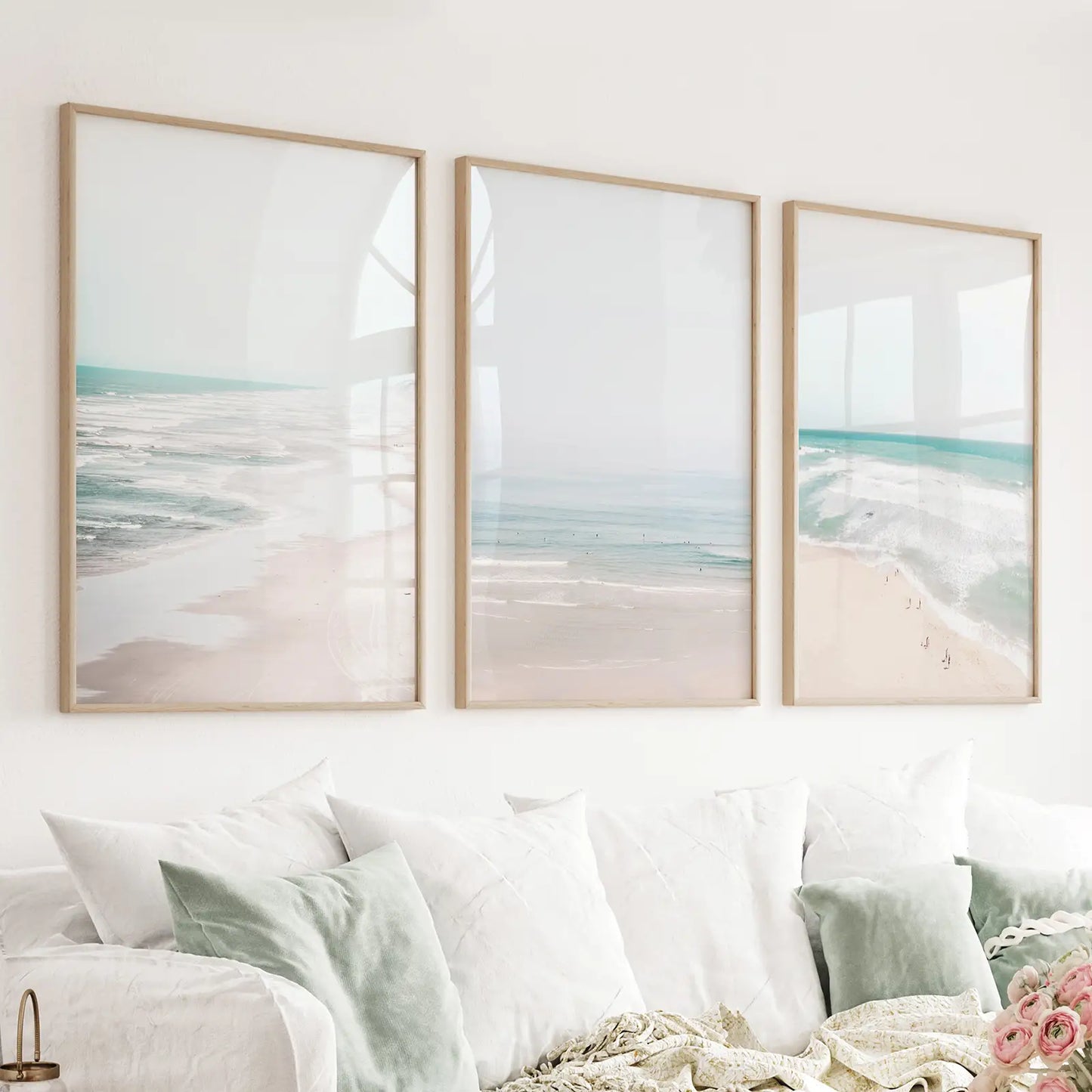 Set of 3 minimalist neutral ocean beach prints in beige and blue