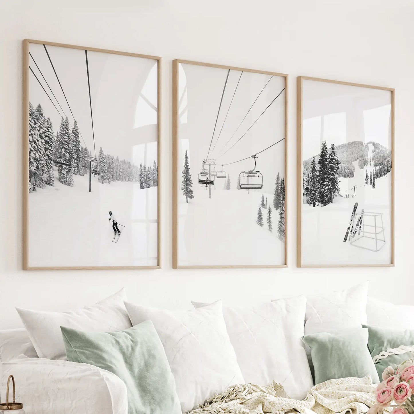 Set of 3 black and white ski lodge winter landscape wall art prints