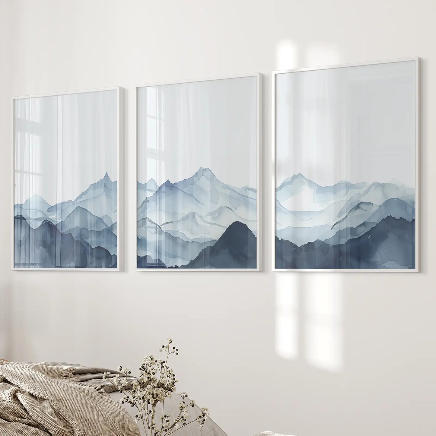 Blue watercolor mountain wall art set of 3 landscape prints