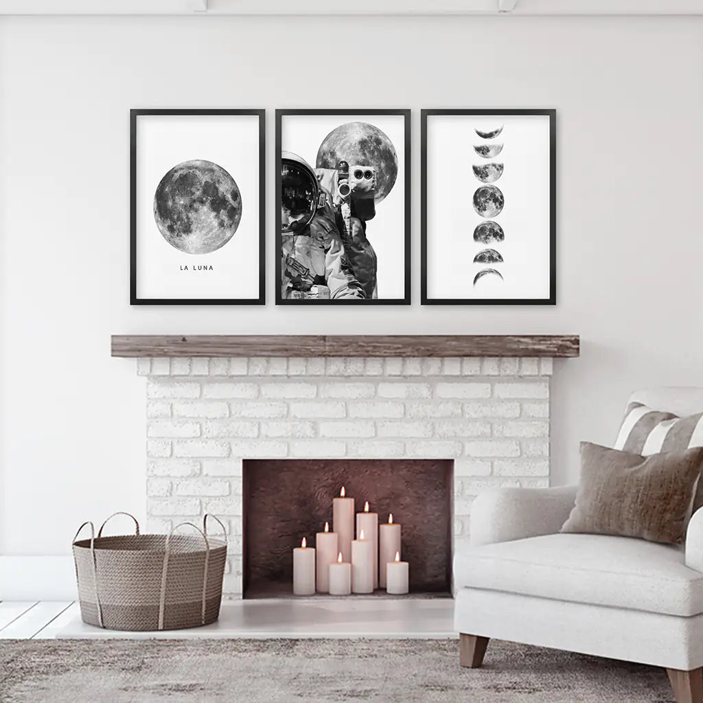 Black and White Moon Phases Wall Art Set of 3