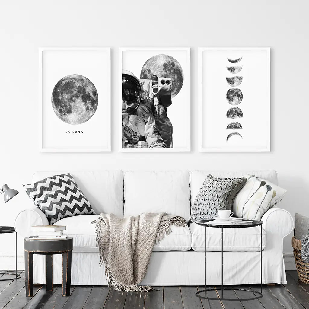 Black and White Moon Phases Wall Art Set of 3