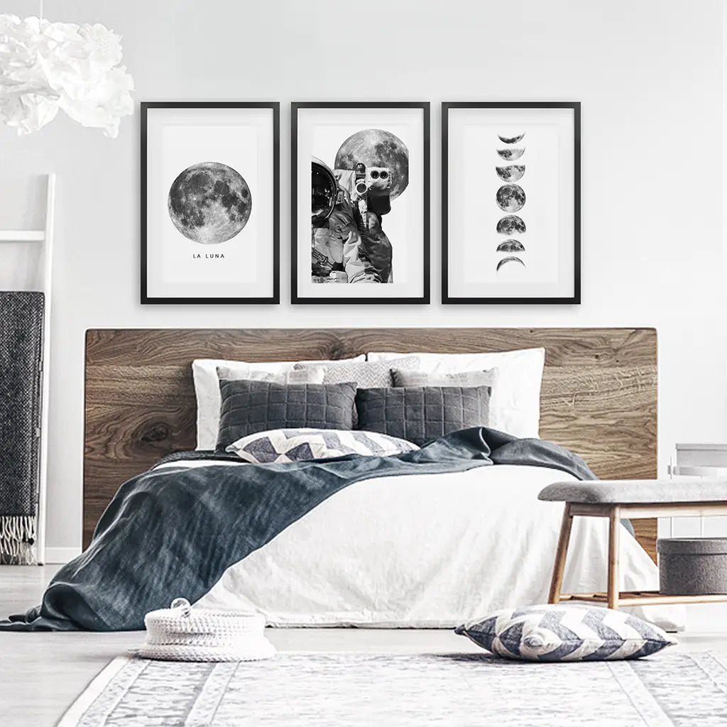 Black and White Moon Phases Wall Art Set of 3