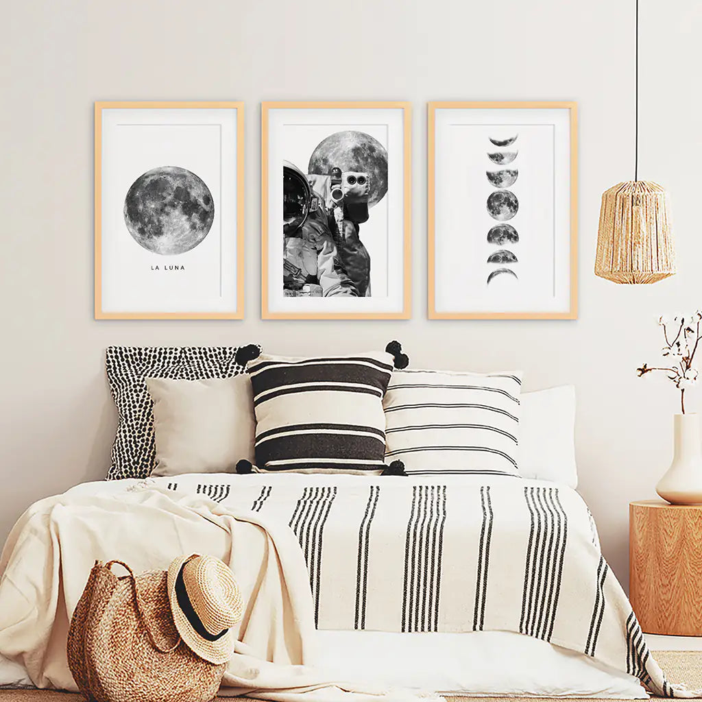 Black and White Moon Phases Wall Art Set of 3