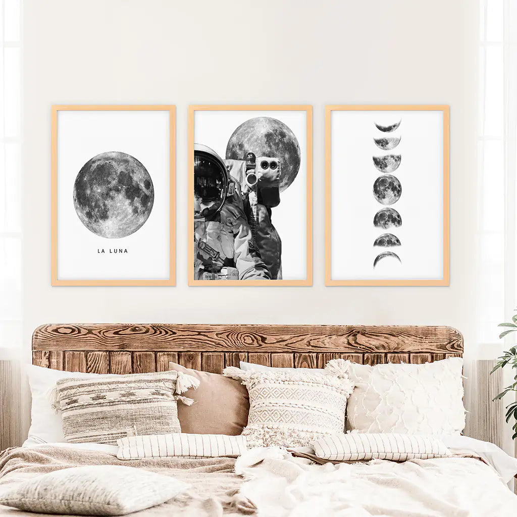 Black and White Moon Phases Wall Art Set of 3