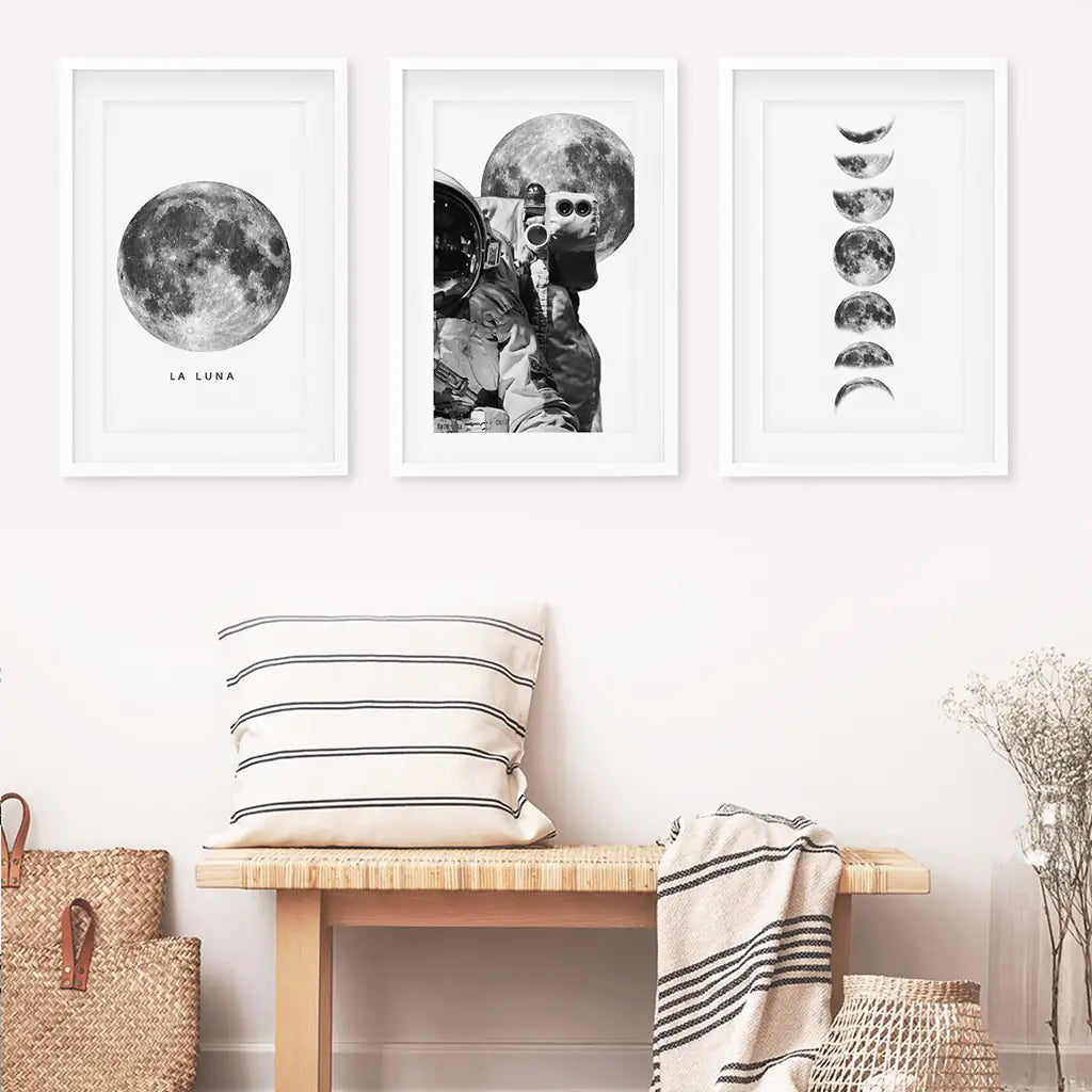 Black and White Moon Phases Wall Art Set of 3