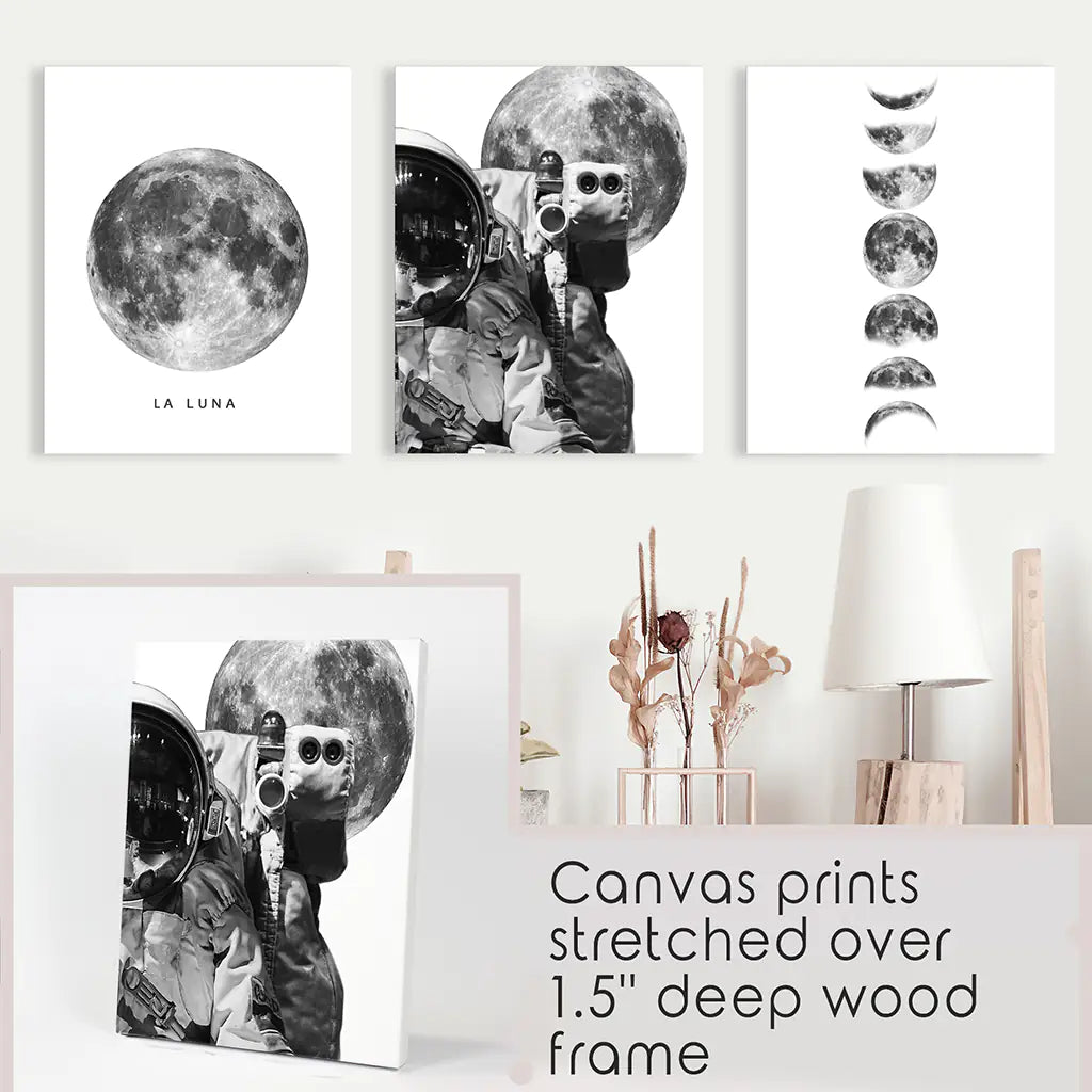 Black and White Moon Phases Wall Art Set of 3