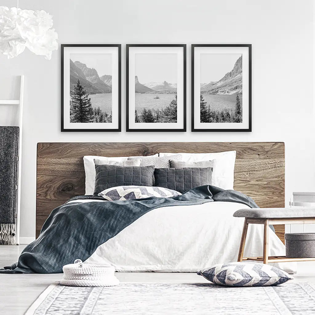 Glacier National Park Wall Art, Black White 3 Piece Set