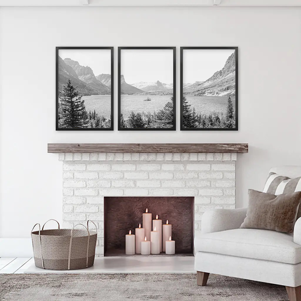 Glacier National Park Wall Art, Black White 3 Piece Set