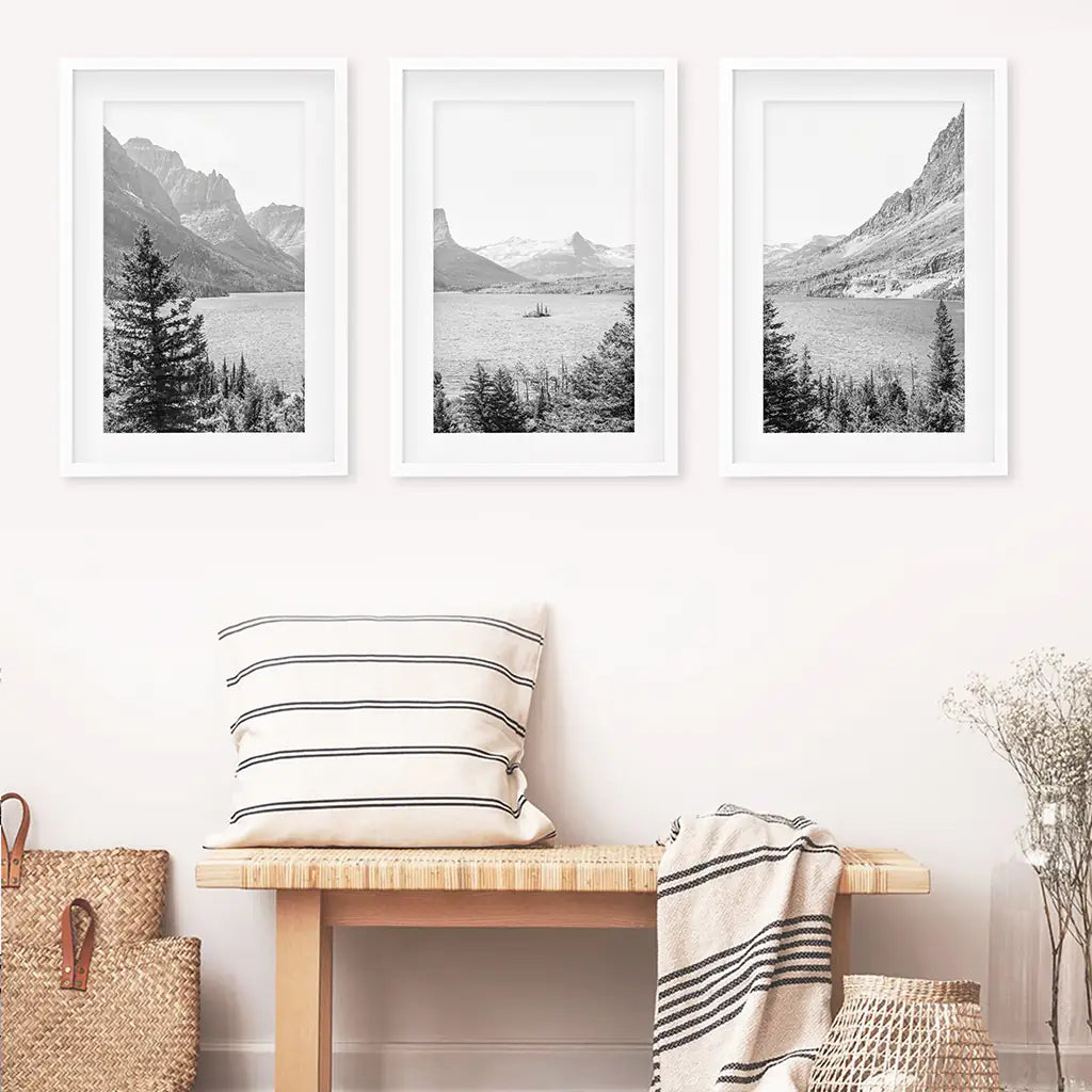 Glacier National Park Wall Art, Black White 3 Piece Set