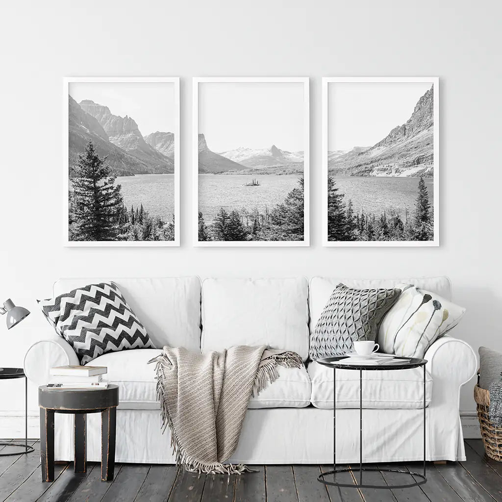 Glacier National Park Wall Art, Black White 3 Piece Set