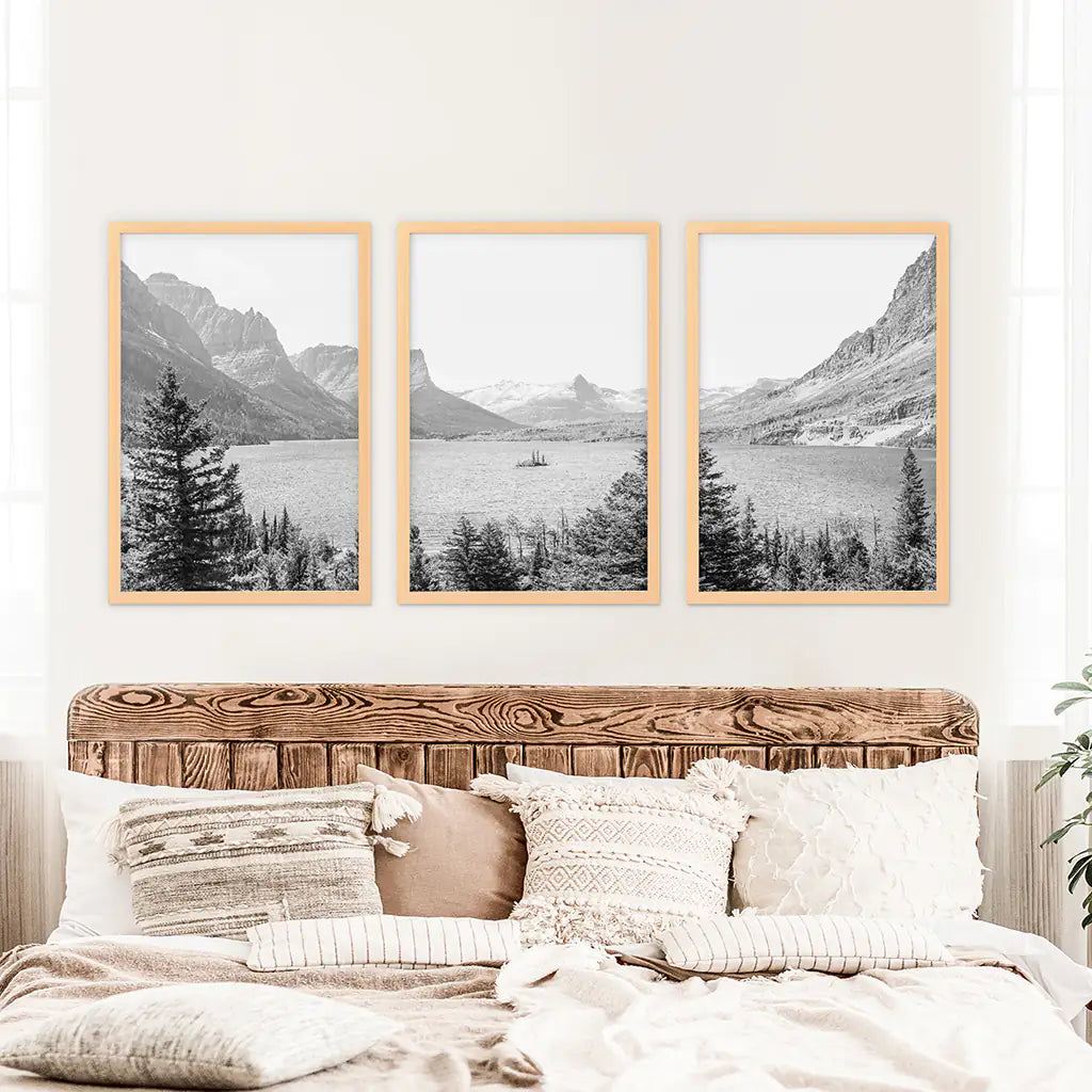 Glacier National Park Wall Art, Black White 3 Piece Set