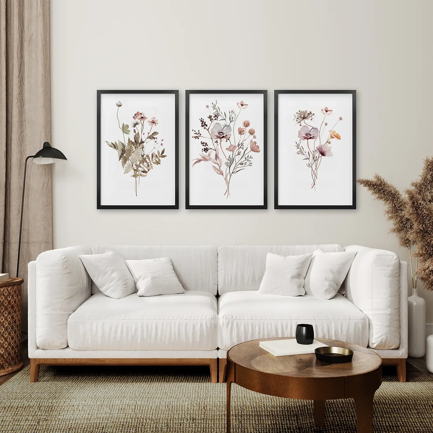 Beige Purple Wildflower Wall Art Set of 3, Boho Floral