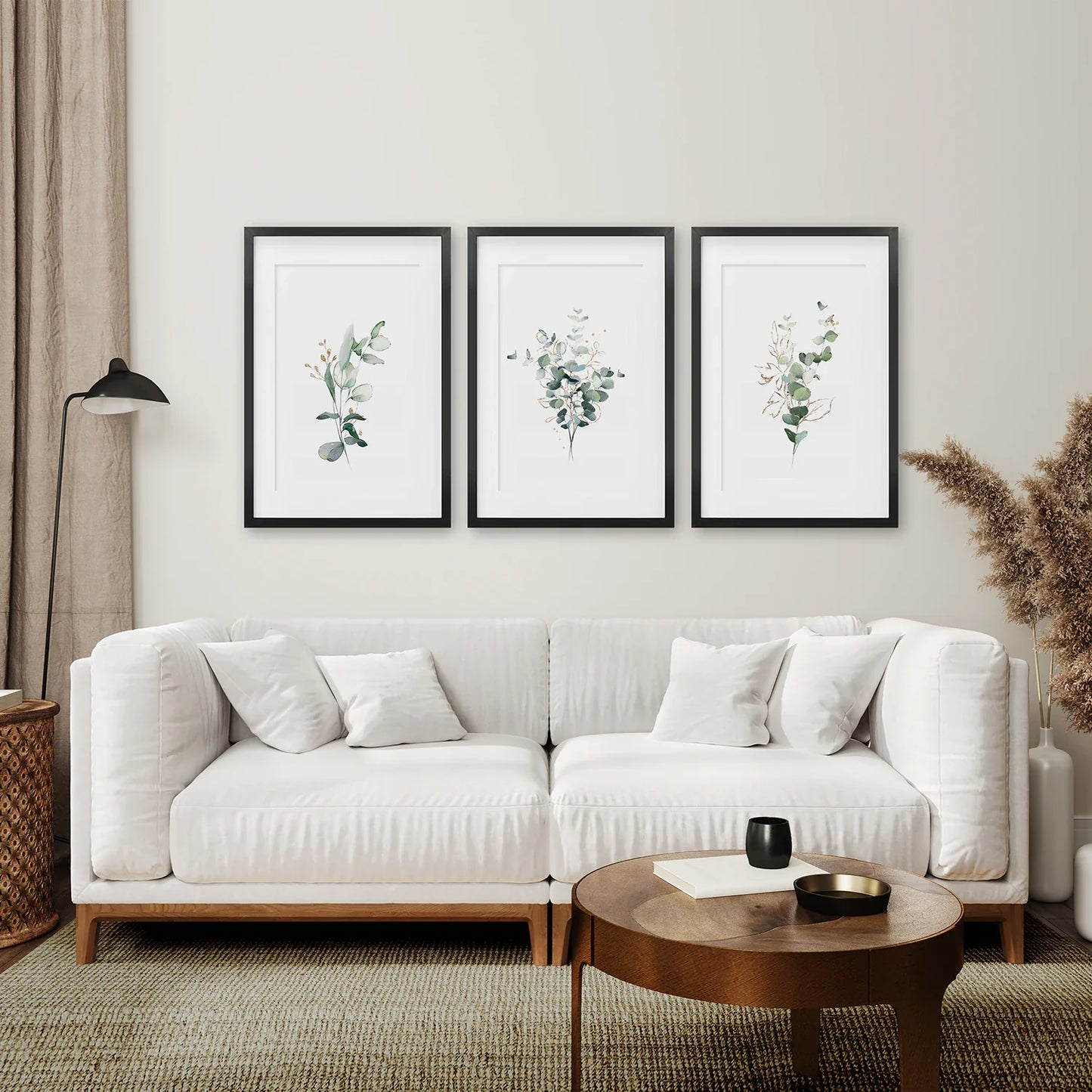 Gold Green Eucalyptus Wall Art Set of 3, Botanical Prints