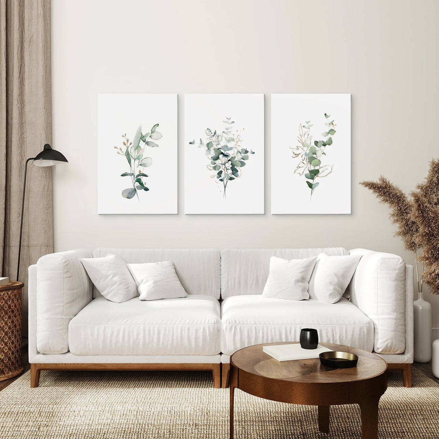 Gold Green Eucalyptus Wall Art Set of 3, Botanical Prints