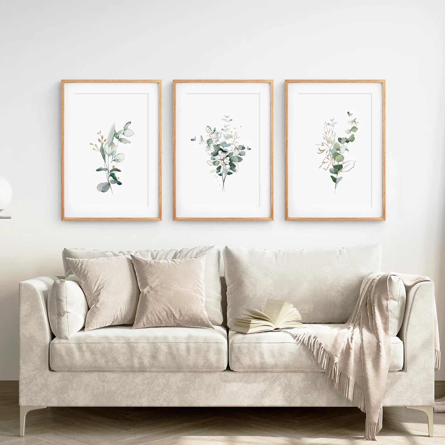 Gold Green Eucalyptus Wall Art Set of 3, Botanical Prints