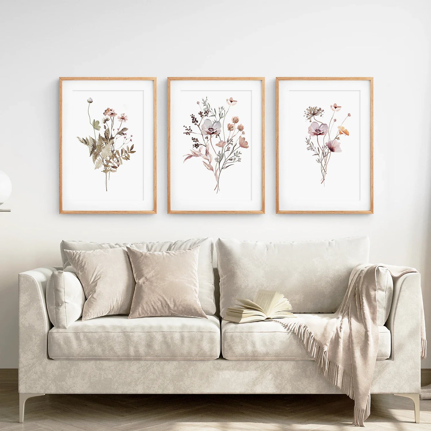 Beige Purple Wildflower Wall Art Set of 3, Boho Floral