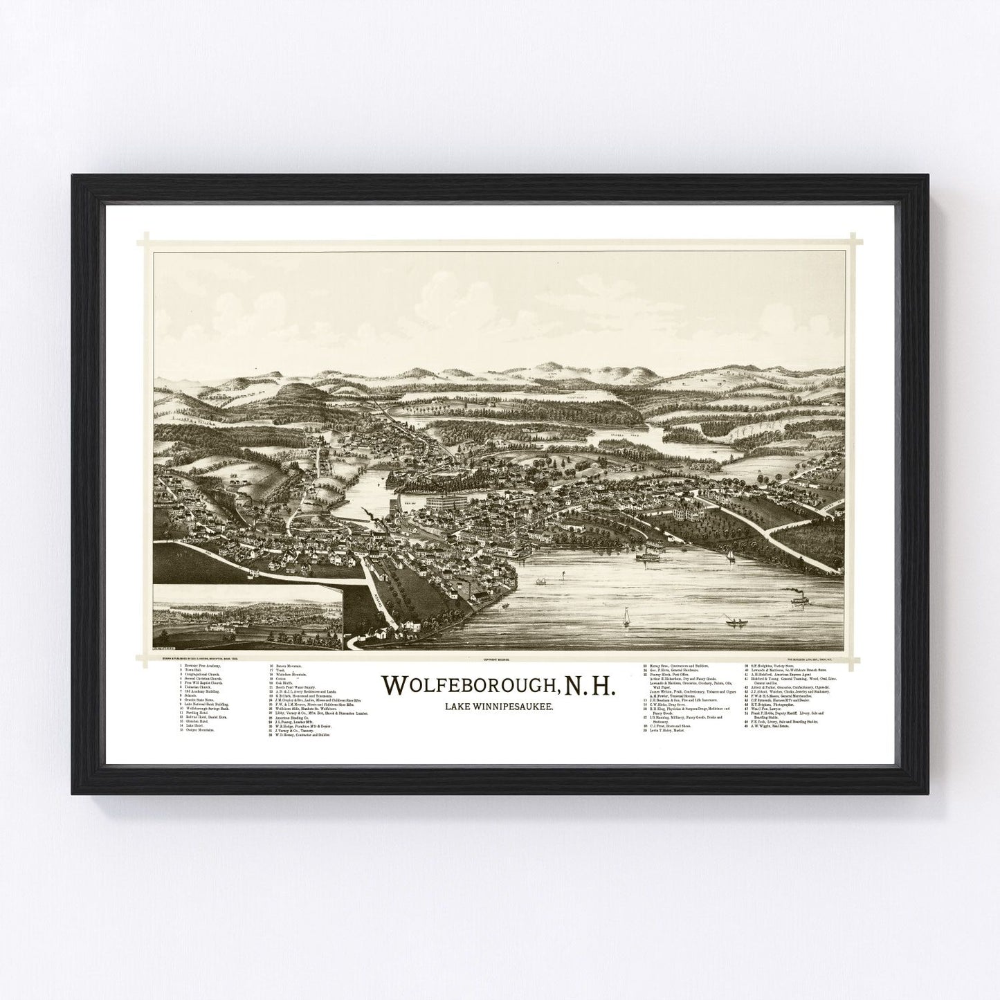 Vintage map of Wolfeborough, New Hampshire, 1889, lakeside town restored