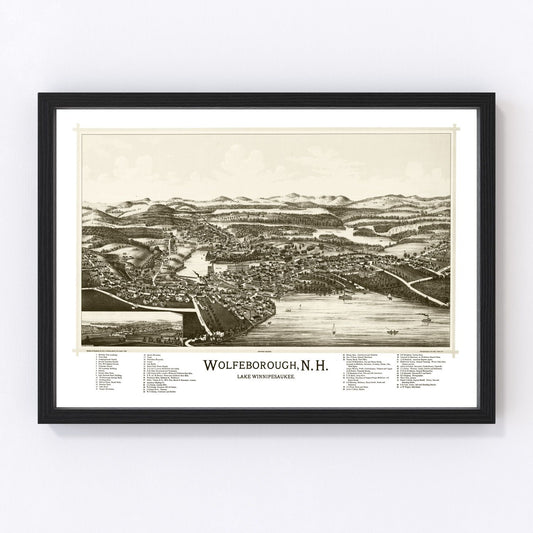 Vintage map of Wolfeborough, New Hampshire, 1889, lakeside town restored