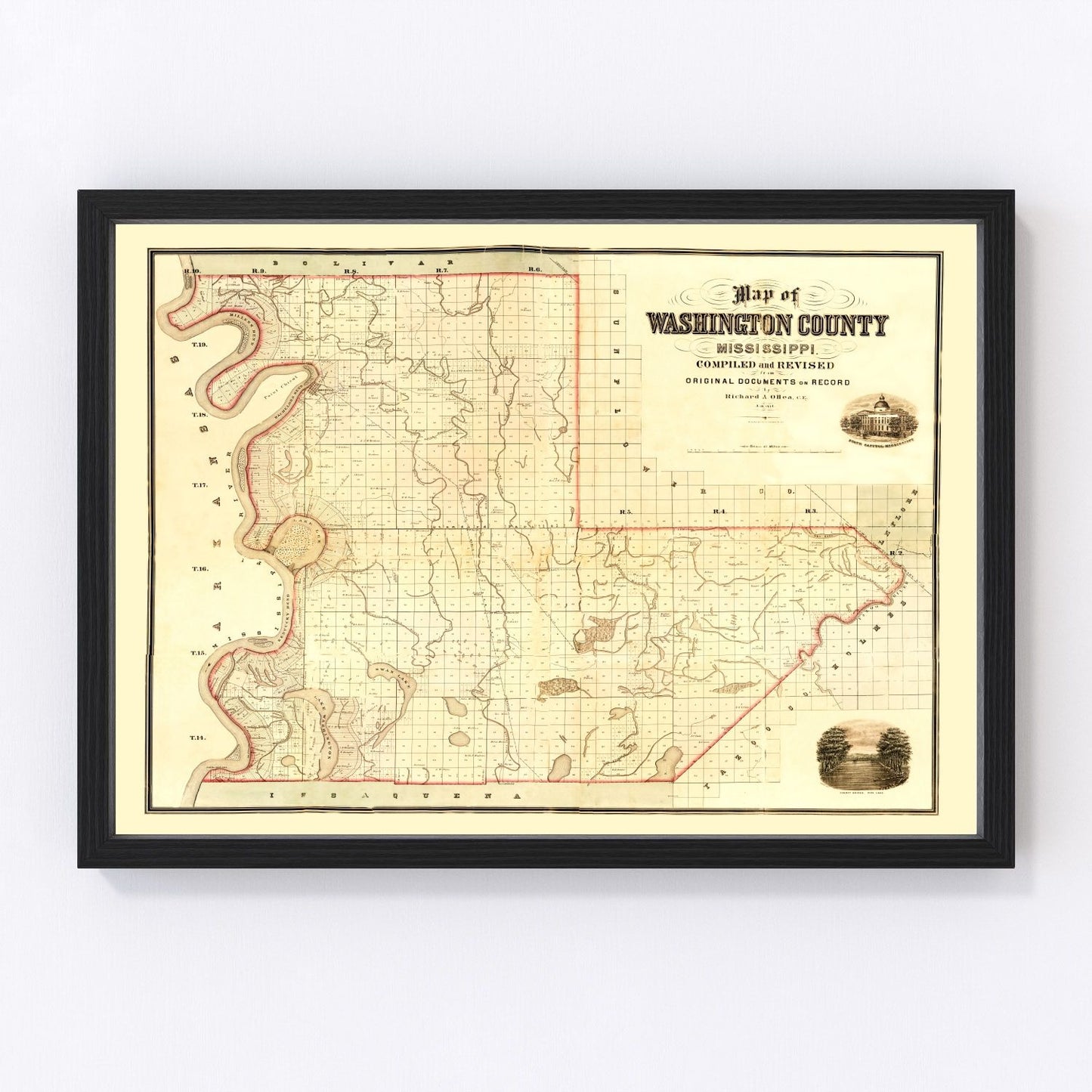 Vintage map of Washington County, Mississippi, 1871, showing Delta townships and waterways