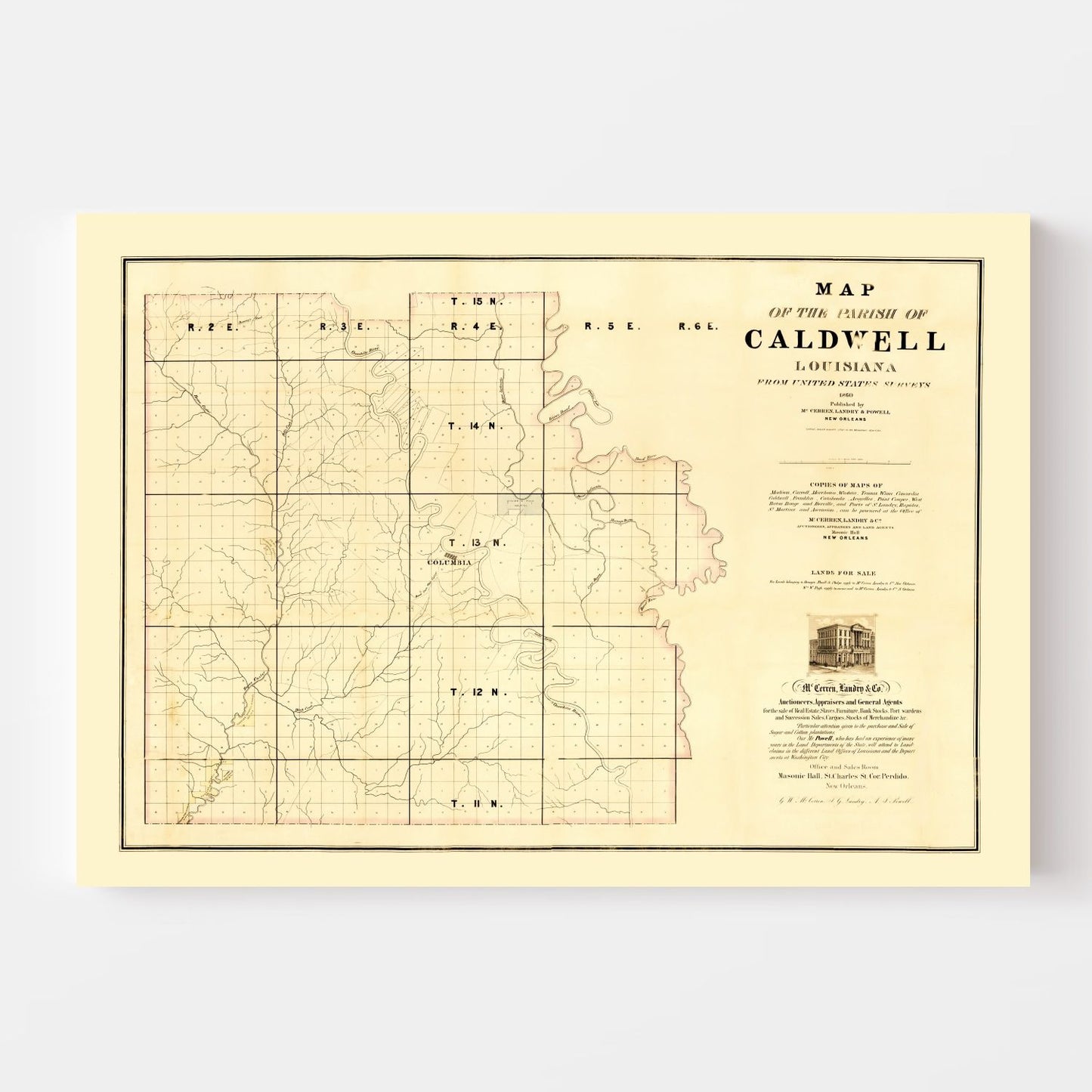 Vintage Map of Caldwell Parish, Louisiana, 1860