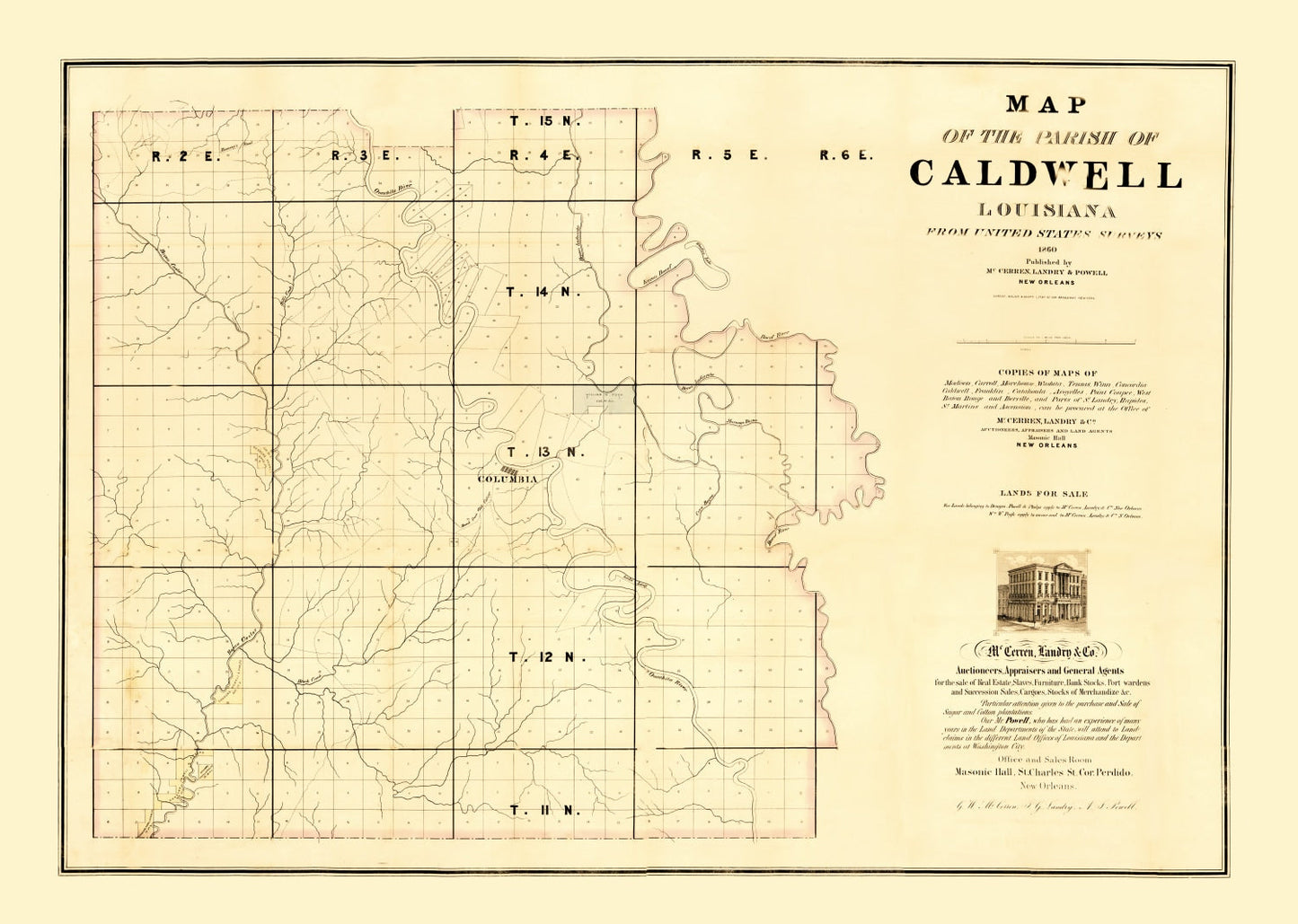 Vintage Map of Caldwell Parish, Louisiana, 1860