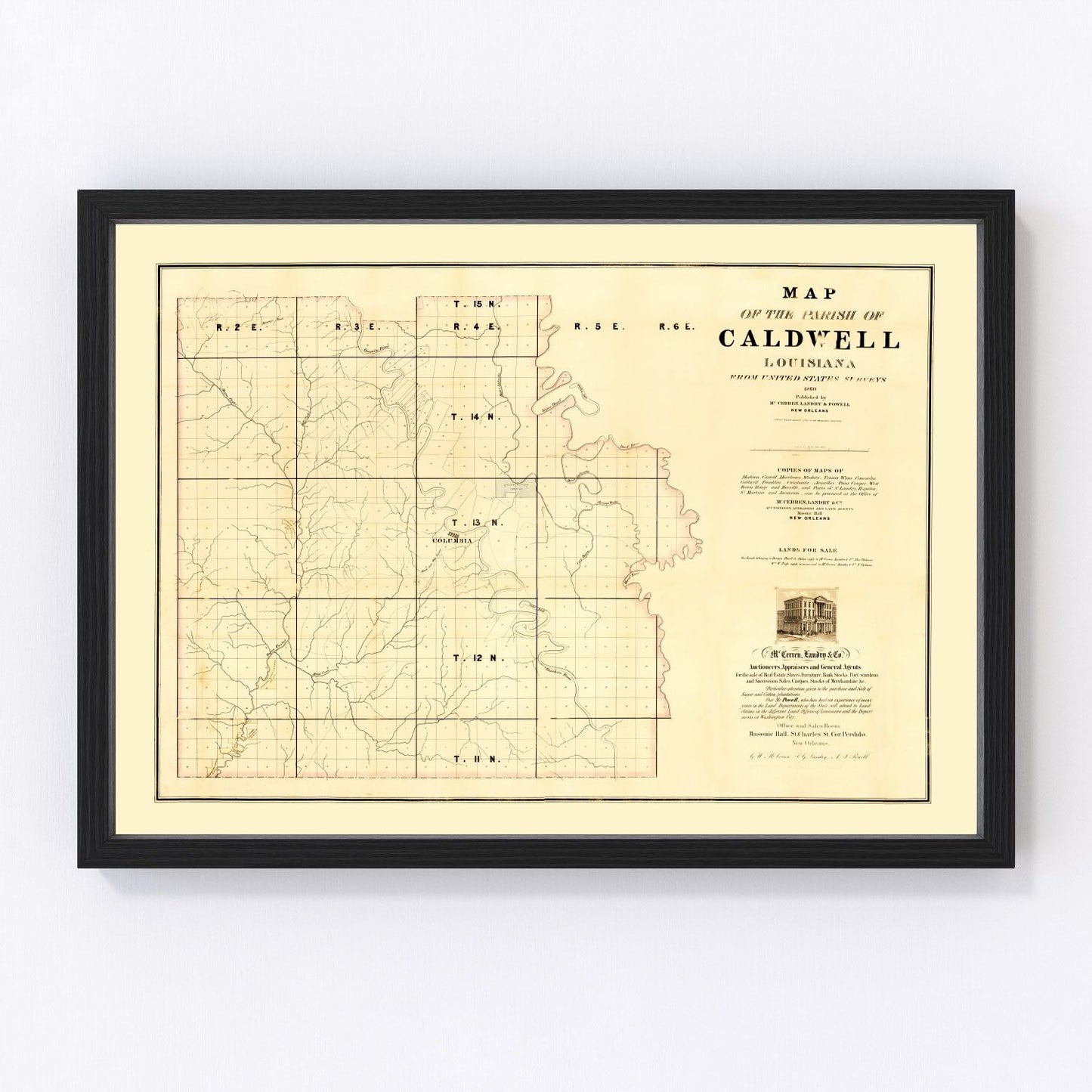 Vintage map of Caldwell Parish, Louisiana, 1860, antebellum restored print
