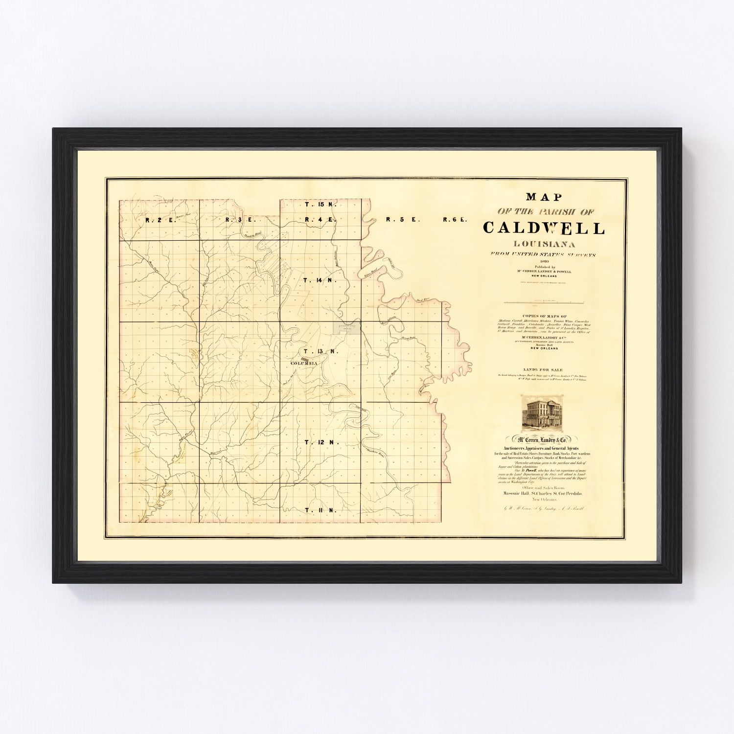 Vintage map of Caldwell Parish, Louisiana, 1860, antebellum restored print