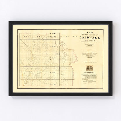 Vintage map of Caldwell Parish, Louisiana, 1860, antebellum restored print