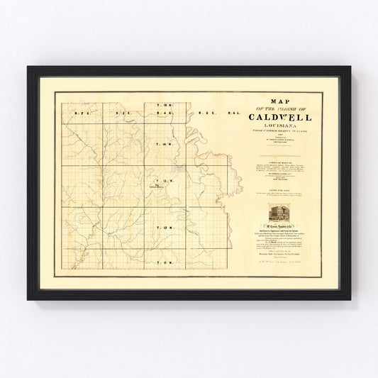 Vintage map of Caldwell Parish, Louisiana, 1860, antebellum restored print