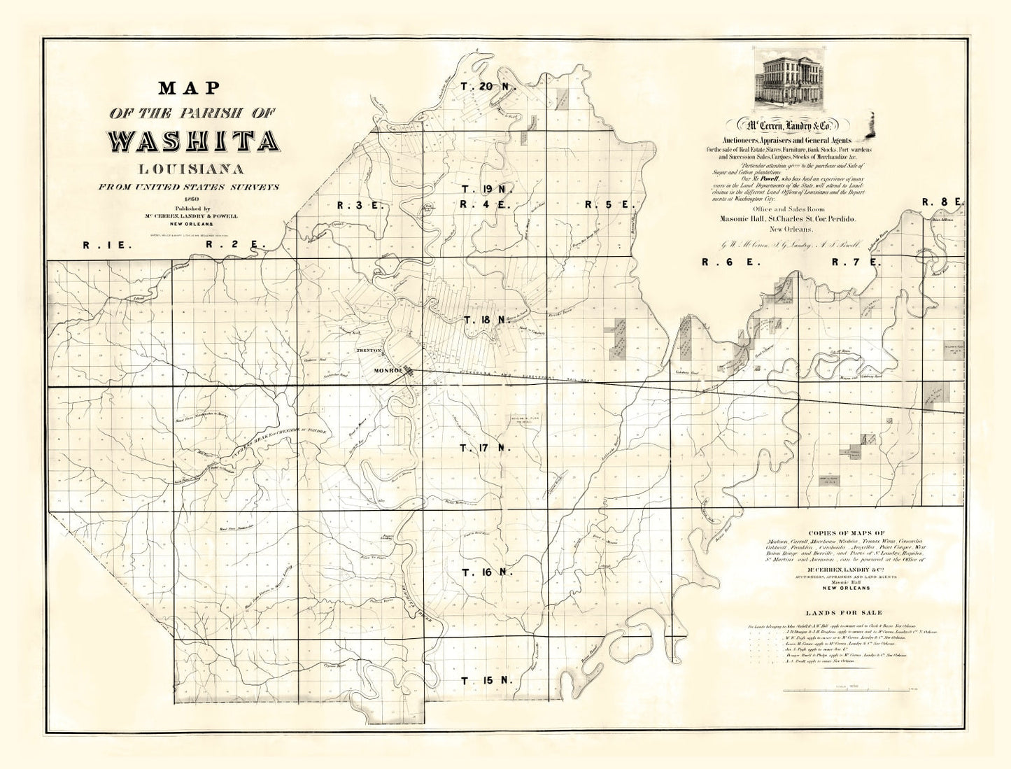 Vintage Map of Ouachita Parish, Louisiana 1860