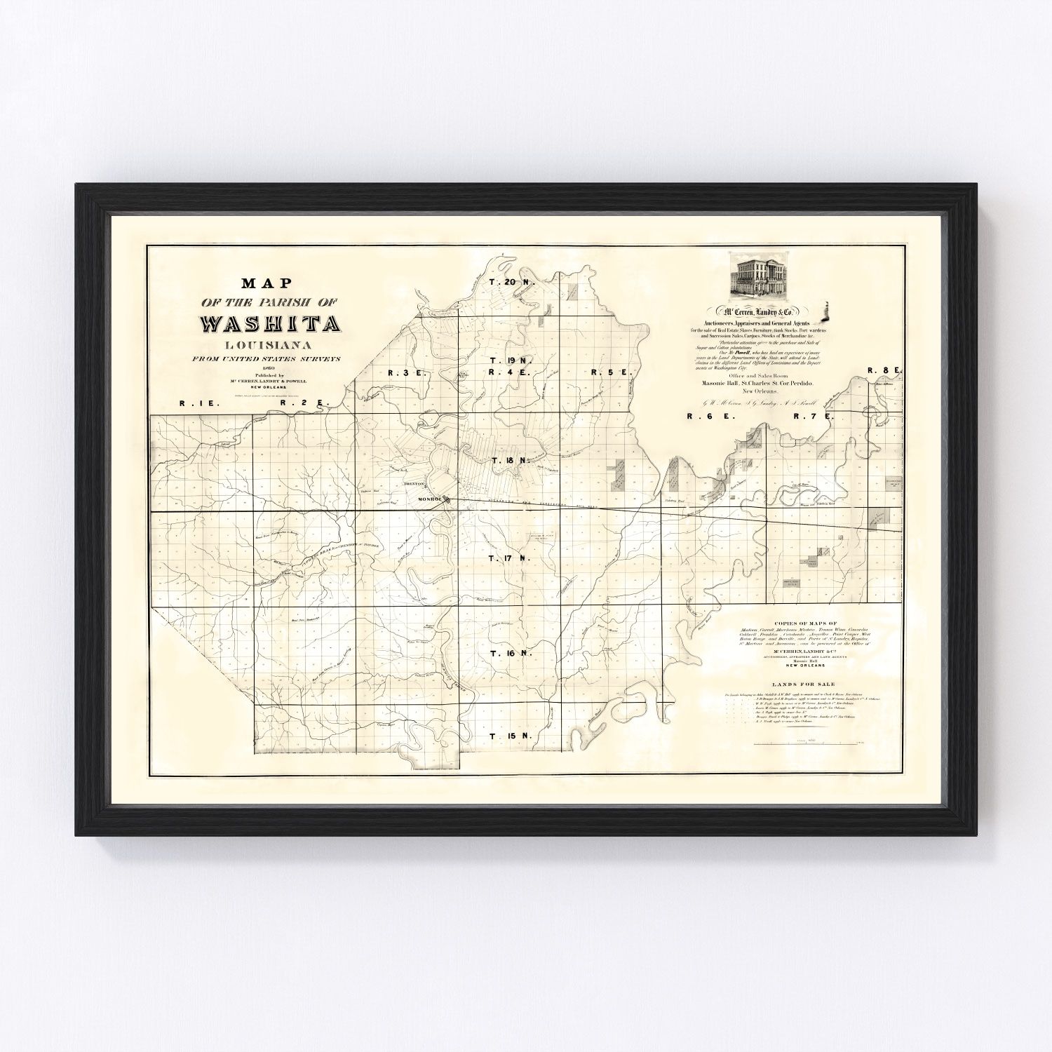 Vintage map of Ouachita Parish, Louisiana, 1860 - Monroe area restored print