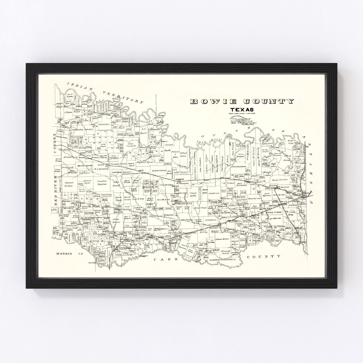 vintage map of Bowie County Texas, 1894, restored print wall art