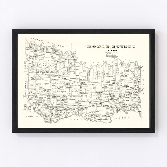 vintage map of Bowie County Texas, 1894, restored print wall art