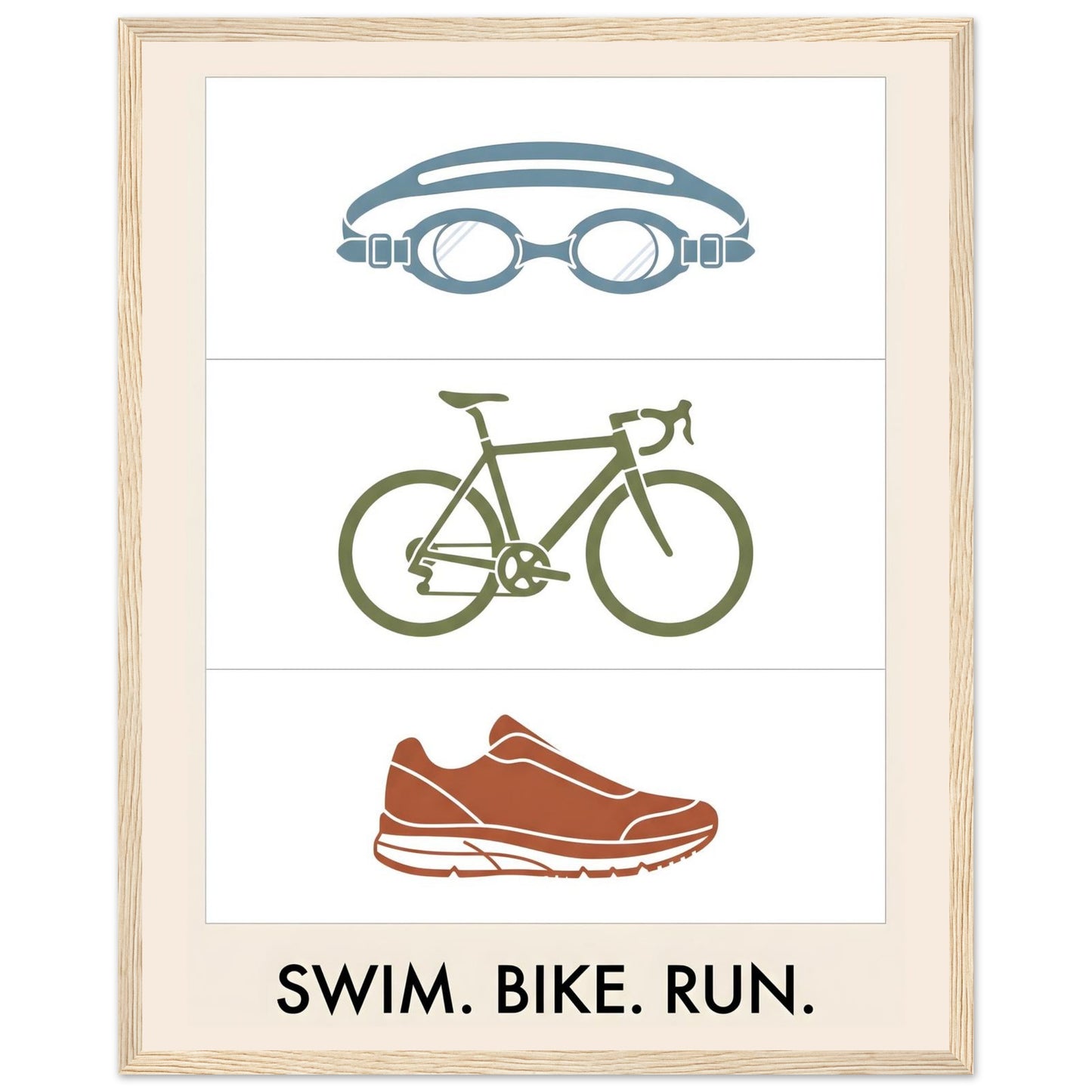 Swim Bike Run Poster: Minimalist Triathlon Icons Wall Art - 40x50 cm / 16x20″ - Wood frame / Ready-to-hang - Sparkycare