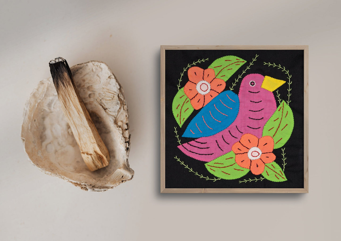 Pink and Blue Seedeater Bird Mola Tapestry Wall Hanging