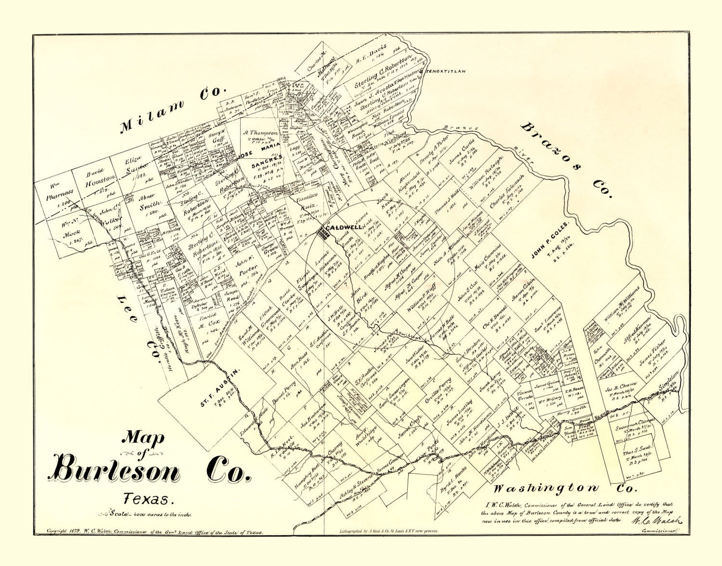 Vintage Map of Burleson County, Texas, 1879