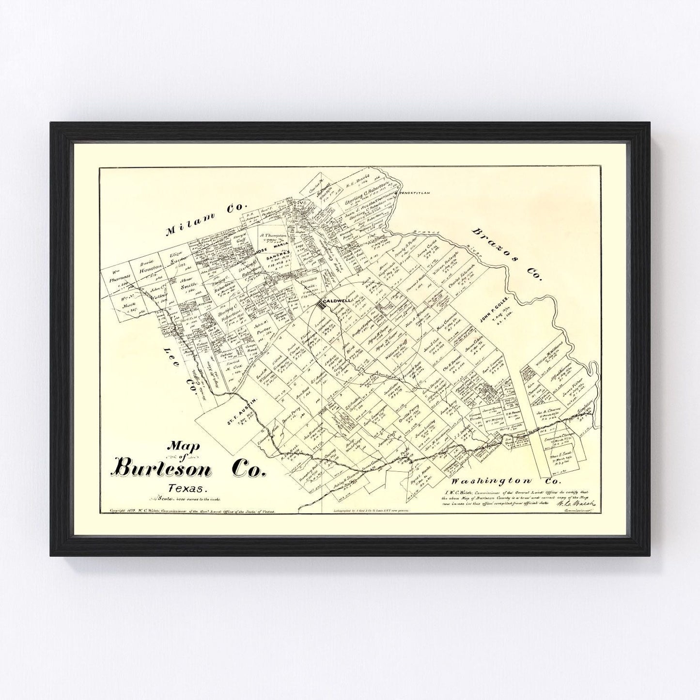 Vintage map of Burleson County, Texas, 1879, Caldwell restored print